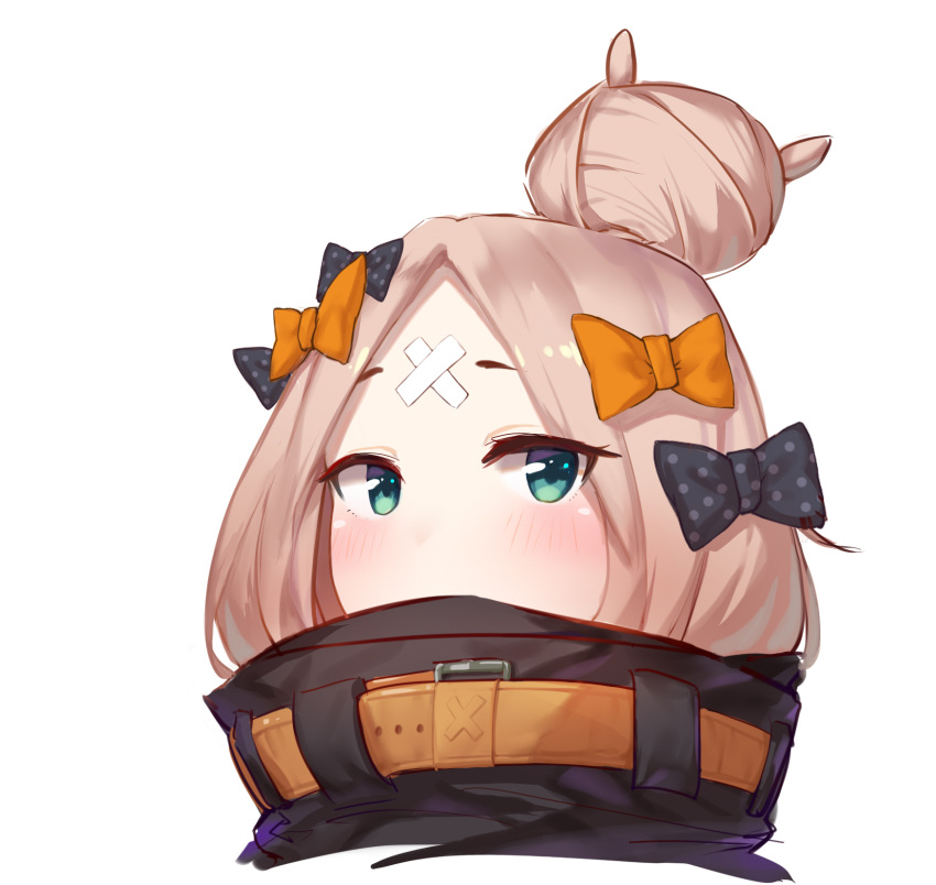 1girl abigail_williams_(fate/grand_order) bangs black_bow black_jacket blonde_hair blush bow commentary_request covered_mouth fate/grand_order fate_(series) green_eyes hair_bow hair_bun highres jacket long_hair looking_at_viewer orange_bow parted_bangs polka_dot polka_dot_bow portrait simple_background sndbr solo white_background