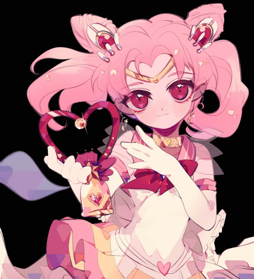 1girl back_bow bell bishoujo_senshi_sailor_moon black_background bow chibi_usa choker circlet closed_mouth cowboy_shot crystal_carillon double_bun earrings elbow_gloves gloves hair_ornament hairpin highres jewelry looking_at_viewer magical_girl multicolored multicolored_clothes multicolored_skirt pink_hair pink_sailor_collar pleated_skirt red_bow red_eyes sailor_chibi_moon sailor_collar sailor_senshi_uniform short_hair simple_background skirt smile solo super_sailor_chibi_moon twintails white_gloves yellow_neckwear yexie_pottle