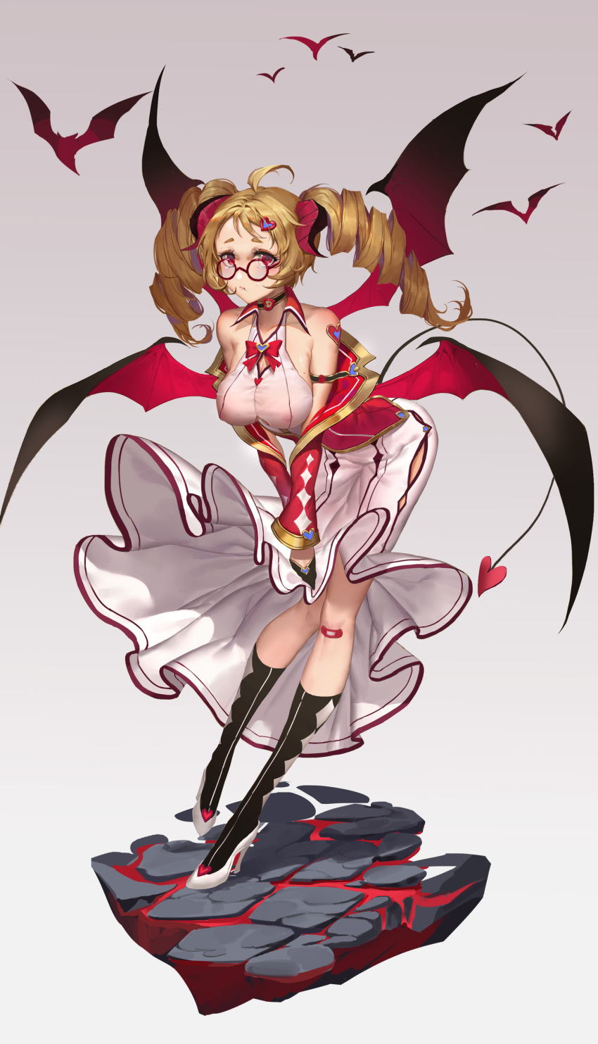 1girl absurdres ahoge argyle argyle_legwear arm_belt bandaid bandaid_on_knee bare_shoulders bat bat_wings bent_over black_legwear black_wings blonde_hair breasts choker collarbone collared_dress demon_girl demon_horns demon_tail demon_wings dress dress_tug drill_hair erect_nipples full_body glasses gloves hair_ornament half_gloves heart heart_choker heart_hair_ornament heart_tail high_heels highres horns itoucon jacket kneehighs large_breasts long_dress long_hair looking_at_viewer low_wings mole mole_on_breast multicolored multicolored_wings off_shoulder original pout red-framed_eyewear red_eyes red_jacket red_wings round_eyewear see-through side_slit solo tail tears twin_drills white_dress white_footwear wings