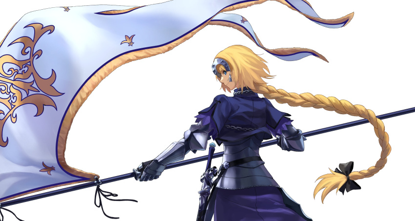 1girl absurdres armor banner black_ribbon blonde_hair blue_capelet blue_eyes braid breastplate capelet chains closed_mouth commentary_request fate/apocrypha fate_(series) flag floating_hair from_behind gauntlets hair_ribbon headpiece highres holding holding_flag jeanne_d'arc_(fate) jeanne_d'arc_(fate)_(all) long_hair purple_skirt ribbon simple_background single_braid skirt smile solo standing tress_ribbon very_long_hair white_background zonotaida