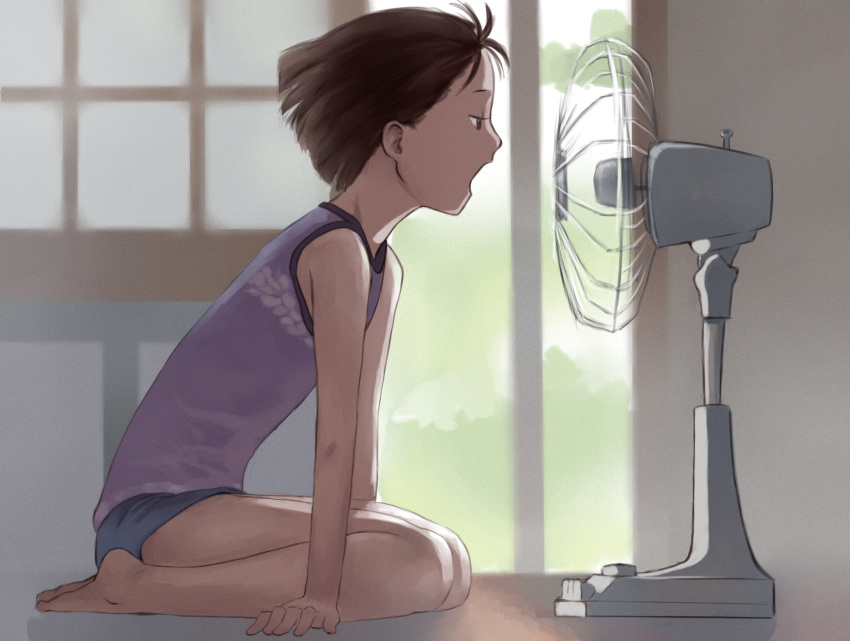1girl backlighting barefoot brown_eyes brown_hair commentary_request day electric_fan fan_speaking fanning_face from_side full_body highres hot indoors kneeling muted_color open_mouth original profile shade shirt short_hair short_shorts shorts sleeveless sleeveless_shirt solo summer takamichi