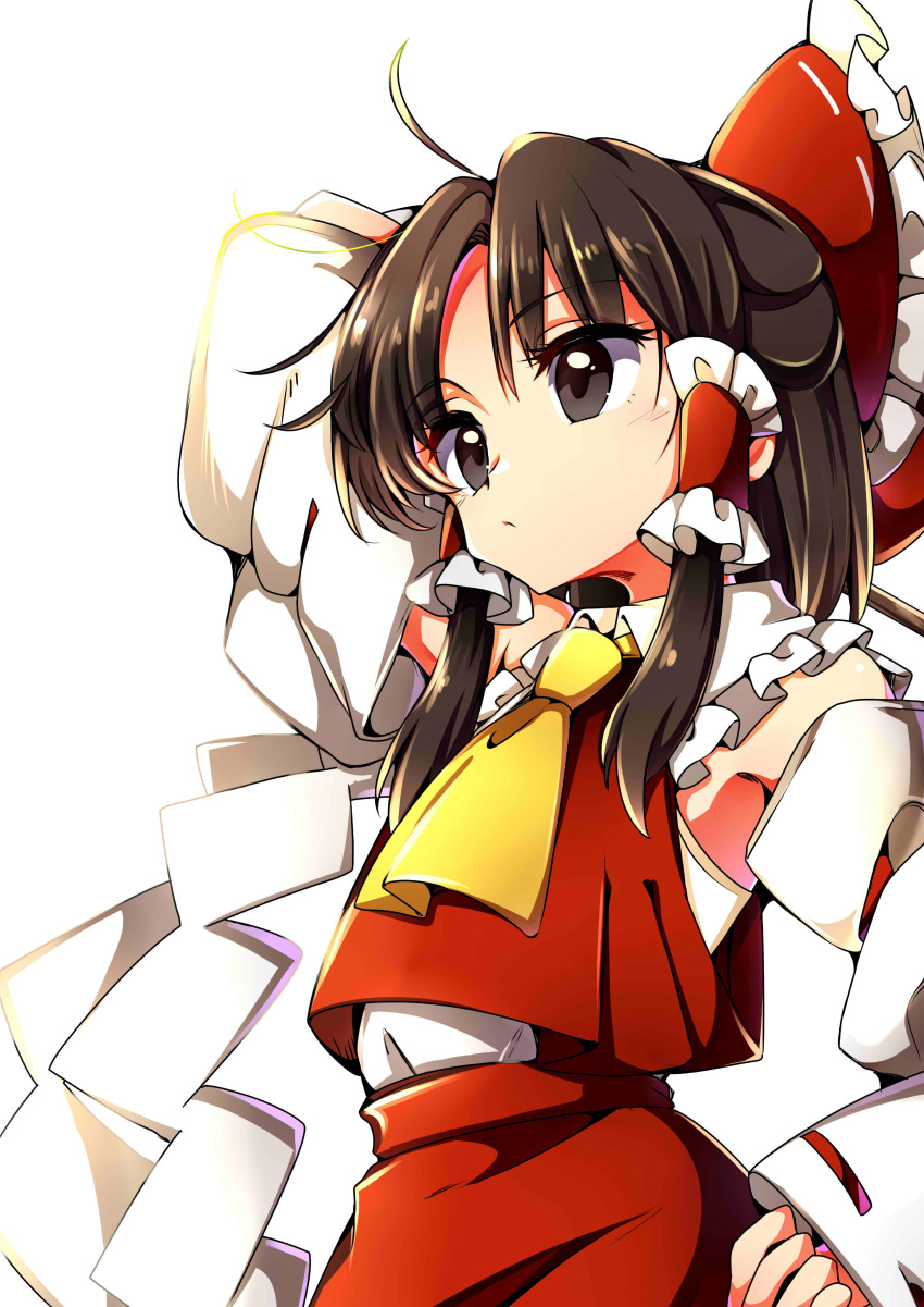 1girl absurdres ascot baba_(baba_seimaijo) black_eyes black_hair bow commentary_request detached_sleeves gohei hair_bow hair_tubes hakurei_reimu half_updo highres medium_hair nontraditional_miko red_bow ribbon-trimmed_sleeves ribbon_trim sidelocks solo touhou upper_body white_background wide_sleeves yellow_neckwear