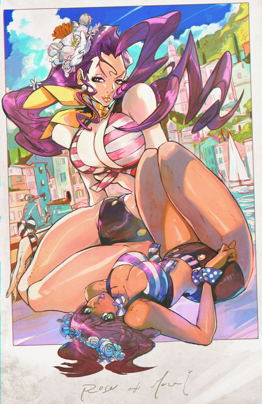 2girls absurdres andres_blanco bikini bikini_top blue_sky boat breasts character_name city clouds dark_skin flower flower_wreath green_eyes ground_vehicle hair_flower hair_ornament highres large_breasts legs_up looking_at_viewer lying menat moped motor_vehicle multiple_girls navel on_back purple_hair rose_(street_fighter) scrunchie short_hair short_shorts shorts sky smile stomach street_fighter street_fighter_v street_fighter_zero_(series) striped striped_bikini striped_bikini_top swimsuit violet_eyes water watercraft wrist_scrunchie