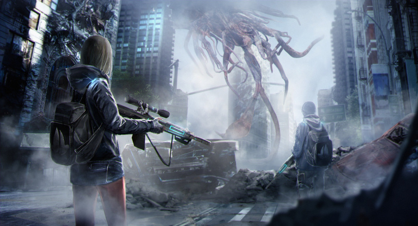 alien assault_rifle backpack bag broken brown_hair city cityscape commentary facing_away fingerless_gloves from_behind gloves gun highres jacket knit_hat original pants rifle road_sign rubble ruins scope sign tentacle tunapon01 vehicle weapon