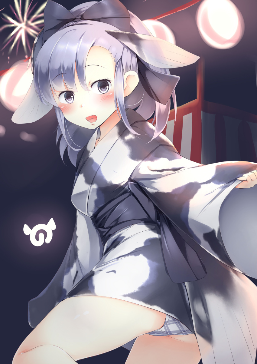 1girl :d absurdres black_ribbon blush character_request commentary_request eyebrows_visible_through_hair festival fireworks grey_eyes grey_hair hair_ribbon head_fins highres japanese_clothes japari_symbol kanzakietc kemono_friends kimono long_hair long_sleeves open_mouth panties plaid plaid_panties ponytail ribbon smile solo underwear wide_sleeves