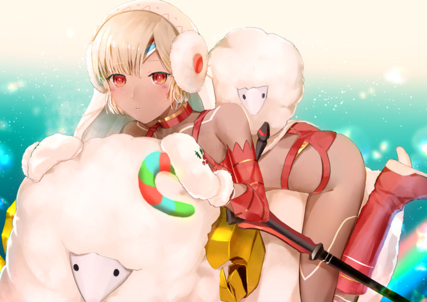 1girl altera_(fate) altera_the_santa animal bangs bare_legs bare_shoulders blush boots choker closed_mouth collarbone dark_skin earmuffs eyebrows_visible_through_hair fate/grand_order fate_(series) flying full_body_tattoo gloves headdress holding holding_weapon legs looking_at_viewer lying on_stomach photon_ray red_eyes riding sheep short_hair tagme tattoo thighs tsujieiri weapon white_hair