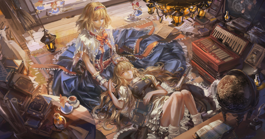 2girls accordion alice_margatroid apron blonde_hair blue_eyes book book_stack braid capelet chandelier cup doll dress globe hair_ribbon hairband hand_holding hand_on_another's_head headwear_removed highres indoors instrument kirisame_marisa lap_pillow long_hair looking_at_another lying multiple_girls neck_ribbon on_back paper ribbon shanghai_doll short_hair single_braid sitting stu_dts table teacup touhou wavy_hair wrist_cuffs yellow_eyes