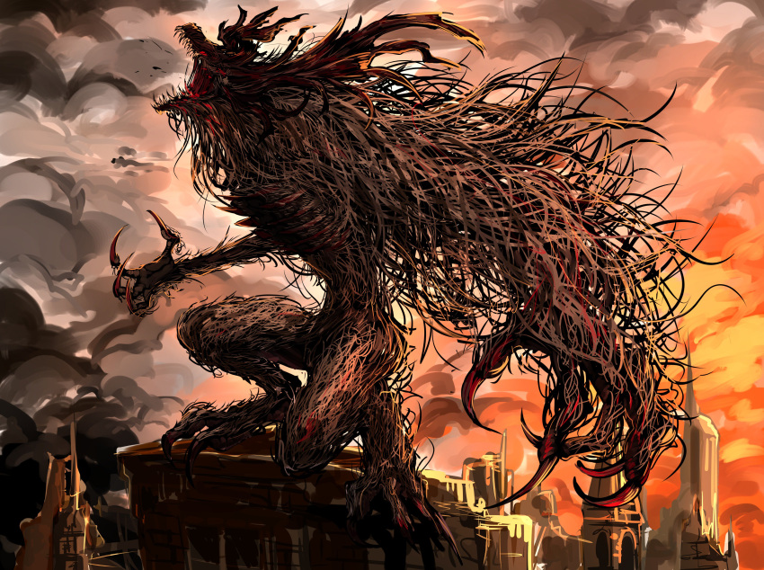 absurdres antlers blood blood_in_mouth bloodborne cityscape claws cleric_beast clouds cloudy_sky fangs fur highres howling kan_(aaaaari35) monster no_humans on_roof sky twilight