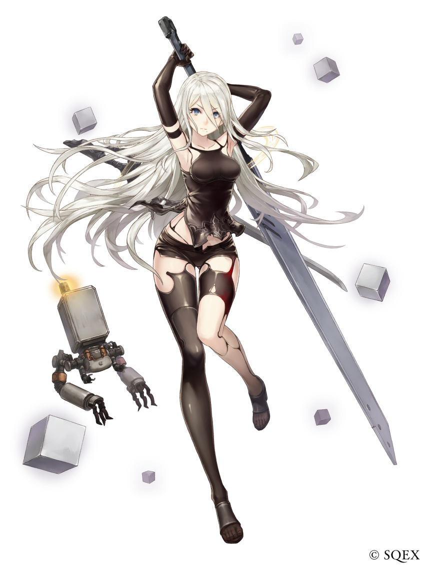 1girl absurdres armpits arms_behind_head arms_up black_gloves black_legwear black_shorts black_tank_top blue_eyes breasts elbow_gloves fighting_stance gloves grey_hair highres holding huge_weapon ji_no knees_together_feet_apart legs long_hair midriff nier_(series) nier_automata official_art open_toe_shoes pod_(nier_automata) robot_joints shoes short_shorts shorts simple_background single_thighhigh sinoalice standing standing_on_one_leg sword tank_top thigh-highs thigh_gap toes weapon white_background yorha_type_a_no._2