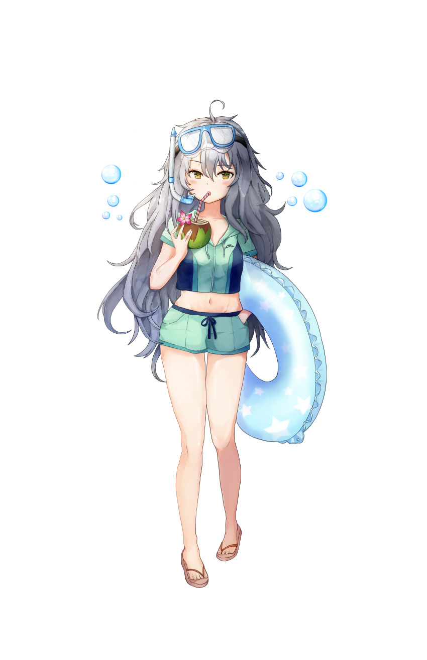 1girl absurdres ahoge bubble coconut duino flower g11_(girls_frontline) girls_frontline goggles goggles_on_head highres long_hair looking_at_viewer messy_hair sandals short_shorts shorts snorkle