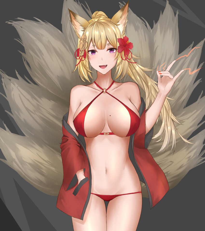 1girl :d animal_ears bikini blonde_hair breasts fang flower fox_ears fox_tail gaitoou grey_background groin hair_flower hair_ornament hand_in_pocket hand_up highres kayou_(sennen_sensou_aigis) large_breasts looking_at_viewer mole mole_on_breast nail_polish navel open_mouth ponytail red_bikini red_nails sennen_sensou_aigis simple_background smile solo standing swimsuit tail violet_eyes