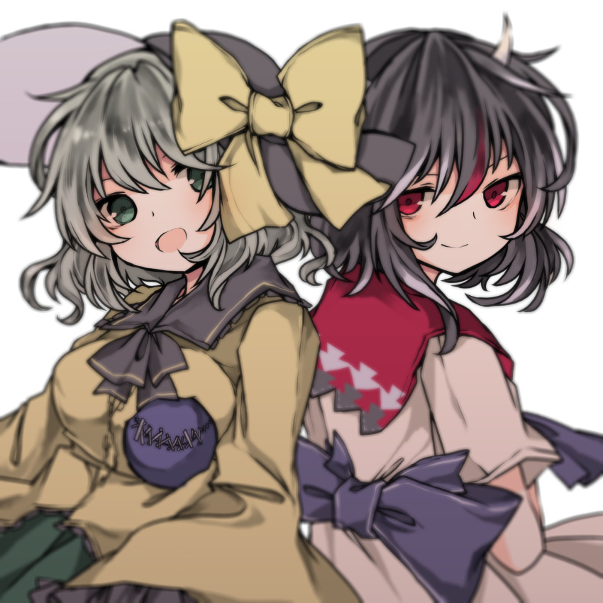 2girls :d bangs black_hair black_hat bow breasts closed_mouth directional_arrow green_eyes green_hair hair_between_eyes hat hat_bow highres horns kijin_seija komeiji_koishi looking_at_viewer medium_breasts multicolored_hair multiple_girls open_mouth red_eyes redhead sato_imo shirt short_hair smile stitches streaked_hair third_eye touhou white_hair yellow_bow yellow_shirt