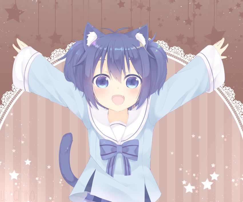 1girl :d animal_ears antenna_hair arms_up artist_name bangs blue_bow blue_eyes blue_hair blue_shirt blue_skirt blush bow cat_ears cat_girl cat_tail commentary_request eyebrows_visible_through_hair fang fingernails hair_between_eyes happy_sugar_life highres kemonomimi_mode koube_shio long_sleeves looking_at_viewer open_mouth outstretched_arms plaid plaid_skirt sailor_collar school_uniform serafuku shirt skirt sleeves_past_wrists slit_pupils smile solo spread_arms star striped striped_background striped_bow tail tail_raised usagimiko vertical-striped_background vertical_stripes white_sailor_collar wide_sleeves