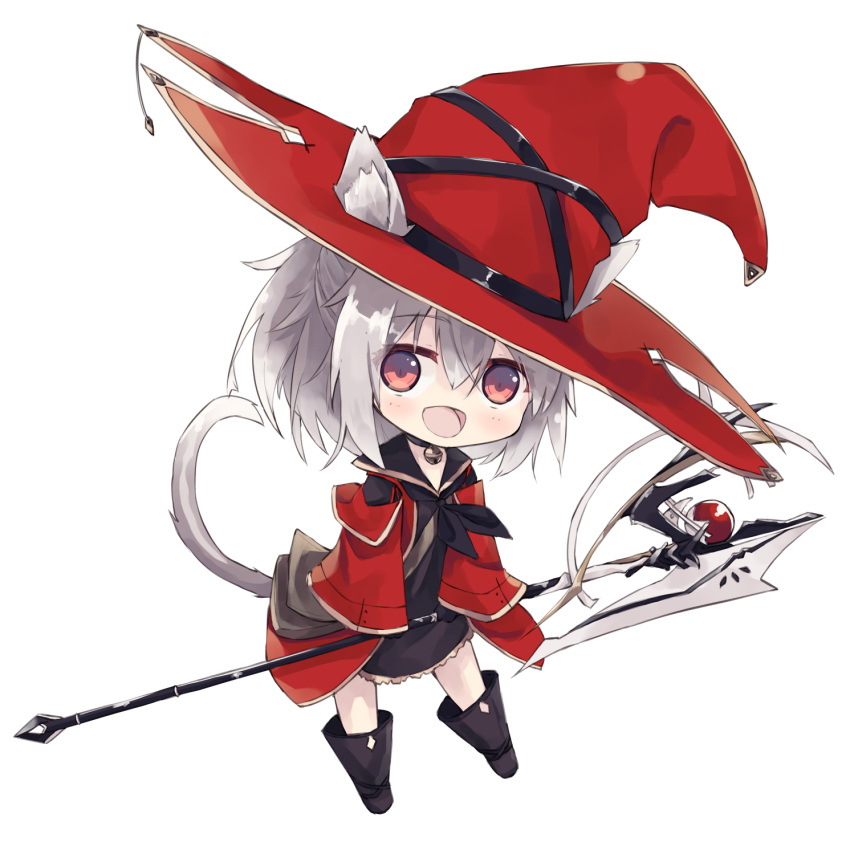 1girl :d animal_ears bangs bell bell_collar blush cat_ears cat_tail chibi collar eyebrows_visible_through_hair full_body grey_hair hair_between_eyes hat highres jingle_bell looking_at_viewer nagishiro_mito open_mouth original red_eyes simple_background smile solo staff tail white_background witch_hat