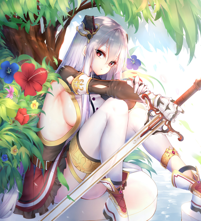 1girl bangs bikini blue_flower boots breasts chixiao closed_mouth commentary_request day eyebrows_visible_through_hair flower gauntlets hair_between_eyes head_tilt highres holding holding_sword holding_weapon large_breasts long_hair long_sleeves original outdoors pleated_skirt purple_flower red_eyes red_flower red_skirt shirt side-tie_bikini sideboob silver_hair sitting skirt swimsuit sword thigh-highs tree very_long_hair water weapon white_footwear white_legwear white_shirt yellow_flower