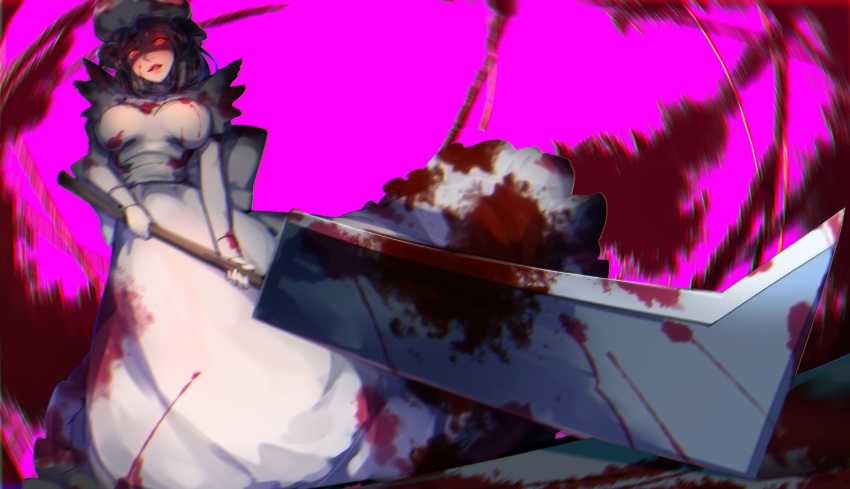 1girl apron blood blood_on_face bloody_clothes bloody_weapon blurry breasts cleaver depth_of_field dress foreshortening glowing glowing_eyes hat hataraku_saibou highres long_sleeves macrophage_(hataraku_saibou) marie_mushroom medium_breasts mob_cap open_mouth purple_background red_eyes solo standing weapon