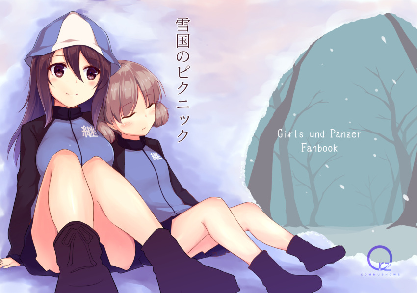 2girls aki_(girls_und_panzer) ankle_boots arm_support bangs black_legwear blue_footwear blue_hat blue_jacket blue_skirt boots brown_eyes brown_hair circle_name closed_mouth commentary_request copyright_name cover cover_page doujin_cover emblem eyebrows_visible_through_hair girls_und_panzer hat jacket keizoku_military_uniform leaning_back leaning_on_person long_hair long_sleeves looking_at_another mika_(girls_und_panzer) military military_uniform miniskirt miyazakit multiple_girls outdoors pleated_skirt raglan_sleeves short_hair short_twintails sitting skirt sleeping smile snow snowing socks track_jacket translated tree twintails uniform yuri