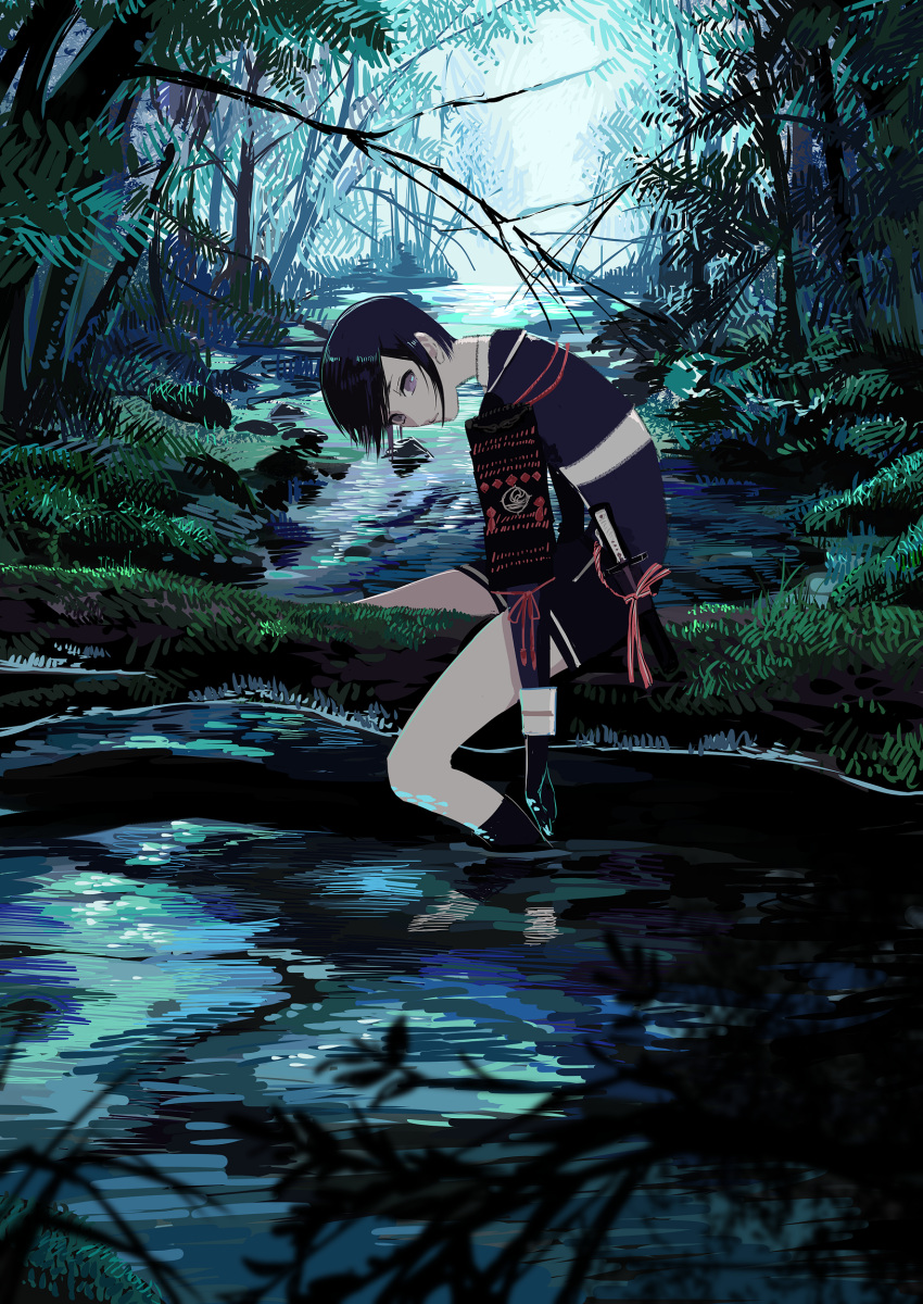 1boy armor black_gloves black_hair brown_eyes forest gloves highres knife log looking_at_viewer male_focus moss mujica nature outdoors river sheath sheathed sitting soaking_feet solo straddling touken_ranbu tree water yagen_toushirou