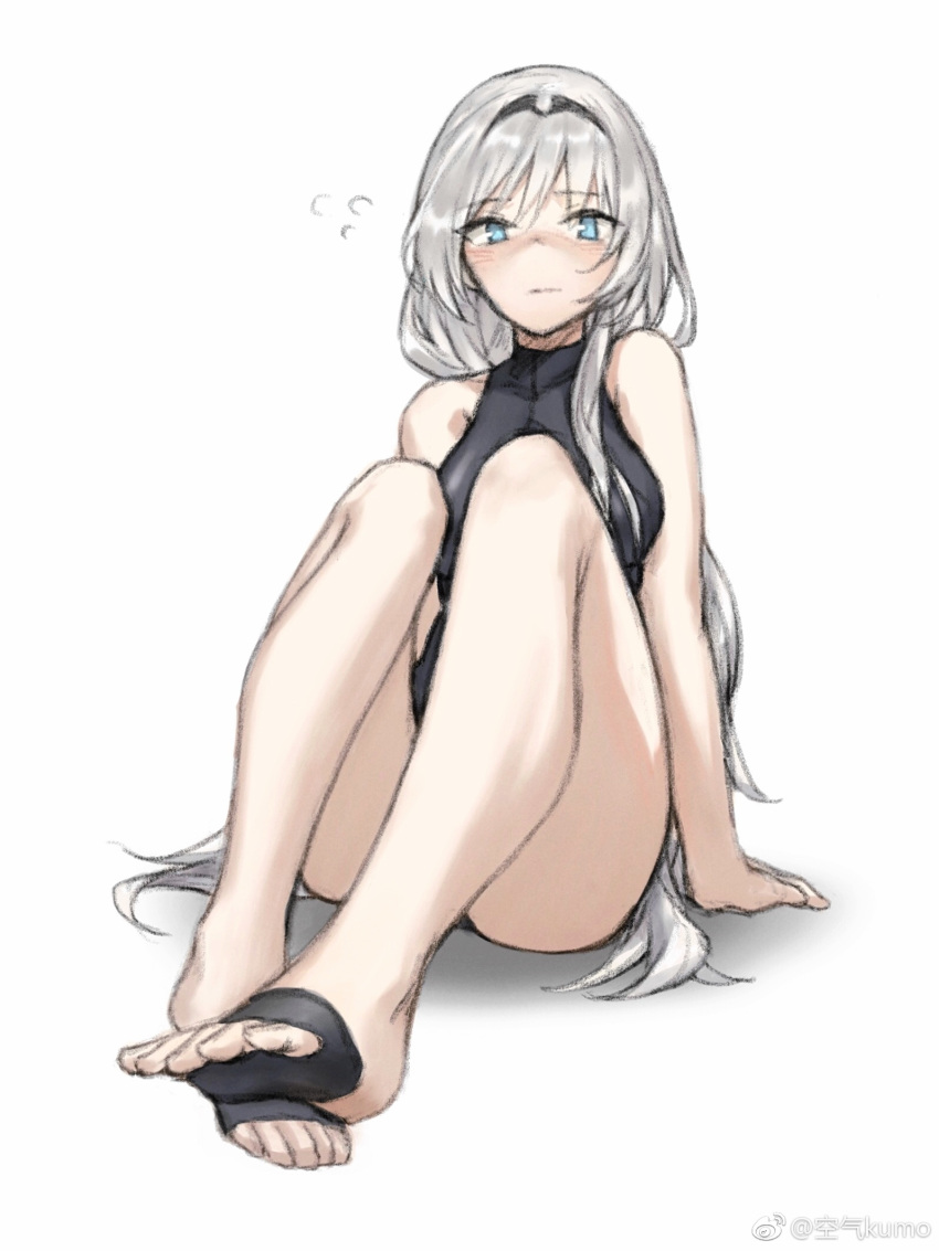 1girl an-94_(girls_frontline) arm_at_side artist_request bare_legs black_swimsuit blue_eyes blush breasts flying_sweatdrops full_body girls_frontline hair_over_shoulder hairband highres long_hair looking_at_viewer medium_breasts one-piece_swimsuit silver_hair sitting sketch solo swimsuit toeless_legwear toes very_long_hair weibo_username