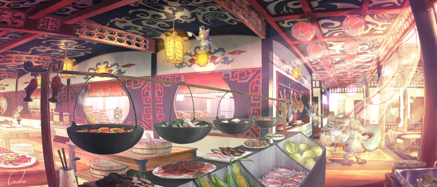6+girls absurdres ahoge animal_ears blush brown_hair cabbage carrot cat_ears cat_tail chair chicken_(food) chopsticks closed_mouth corn cutting_board(edited) fish food highres holding holding_knife indoors inika knife ladle looking_at_another looking_away meatball multiple_girls original plate restaurant sashimi scenery short_hair sitting standing table tail