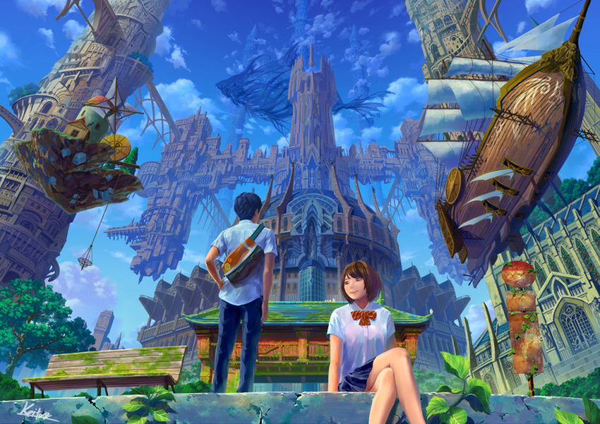 1boy 1girl aircraft airship bench black_hair brown_hair castle day kaitan legs_crossed looking_away moss original outdoors parted_lips scenery short_hair sitting sky smile standing tree