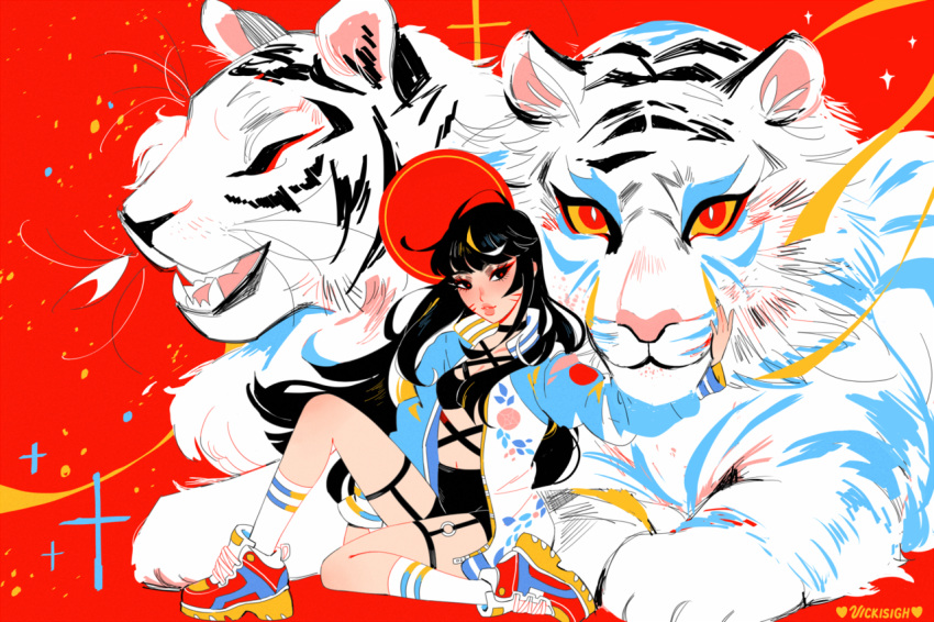 1girl animal bangs black_hair breasts choker commentary garter_straps garters long_hair original shoes shorts small_breasts sneakers tiger vicki_tsai whisker_markings white_tiger