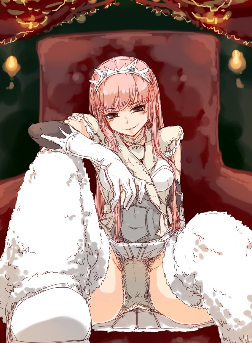 1girl alternate_eye_color boots choker covered_navel cropped_legs fate/grand_order fate_(series) gloves grey_eyes highres hourai_kochou long_hair looking_at_viewer medb_(fate)_(all) medb_(fate/grand_order) panties pink_hair sitting sketch skirt smile solo spread_legs thigh-highs thigh_boots tiara underwear upskirt white_footwear white_gloves white_neckwear white_panties white_skirt