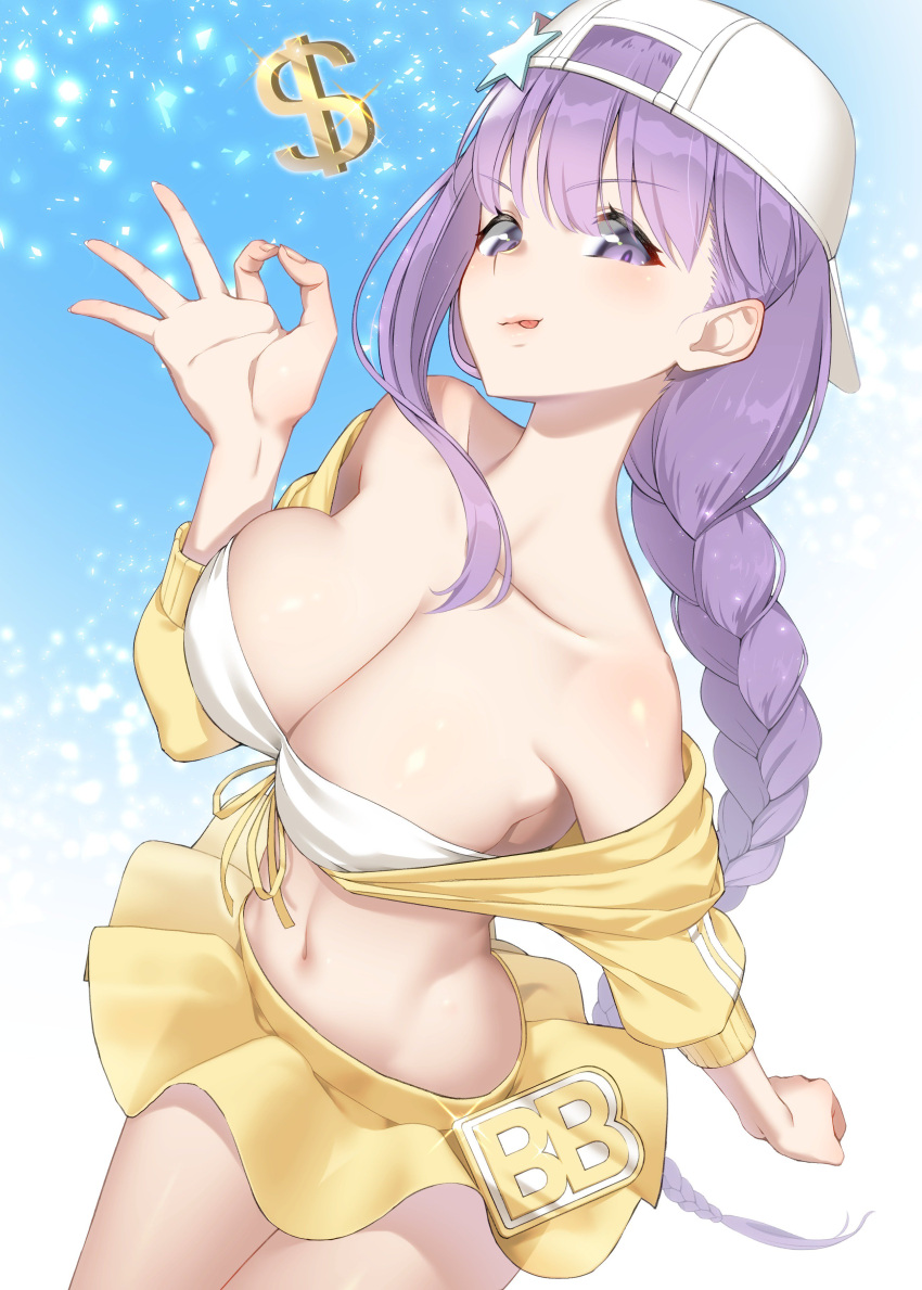 1girl :p absurdres backwards_hat bangs bare_shoulders baseball_cap bb_(fate)_(all) bb_(swimsuit_mooncancer)_(fate) bikini_top blush braid breasts cleavage closed_mouth collarbone commentary_request cowboy_shot eyebrows_visible_through_hair fate/grand_order fate_(series) fingernails groin hat heart highres jacket large_breasts long_hair long_sleeves looking_at_viewer midriff navel ok_sign pleated_skirt purple_hair saruchitan sidelocks single_braid skirt smile solo star stomach tongue tongue_out very_long_hair violet_eyes white_background white_bikini_top white_hat yellow_jacket yellow_skirt