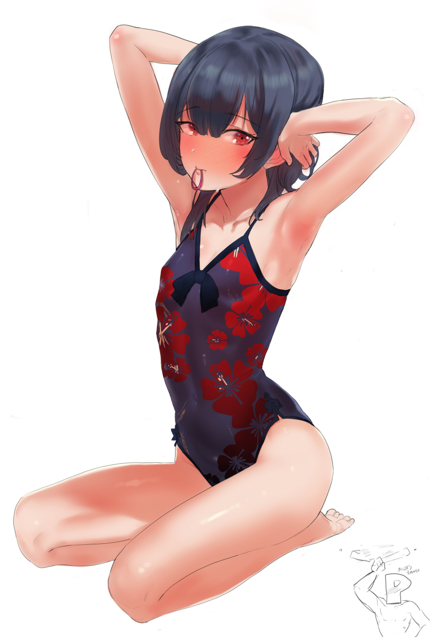 1girl absurdres armpits bare_arms bare_legs bare_shoulders barefoot blush embarrassed eyebrows_visible_through_hair flat_chest floral_print grey_hair hair_tie hair_tie_in_mouth highres inset looking_at_viewer mouth_hold nose_blush one-piece_swimsuit original purple_swimsuit red_eyes seiza short_hair simple_background sitting solo suisogenshi swimsuit tying_hair white_background