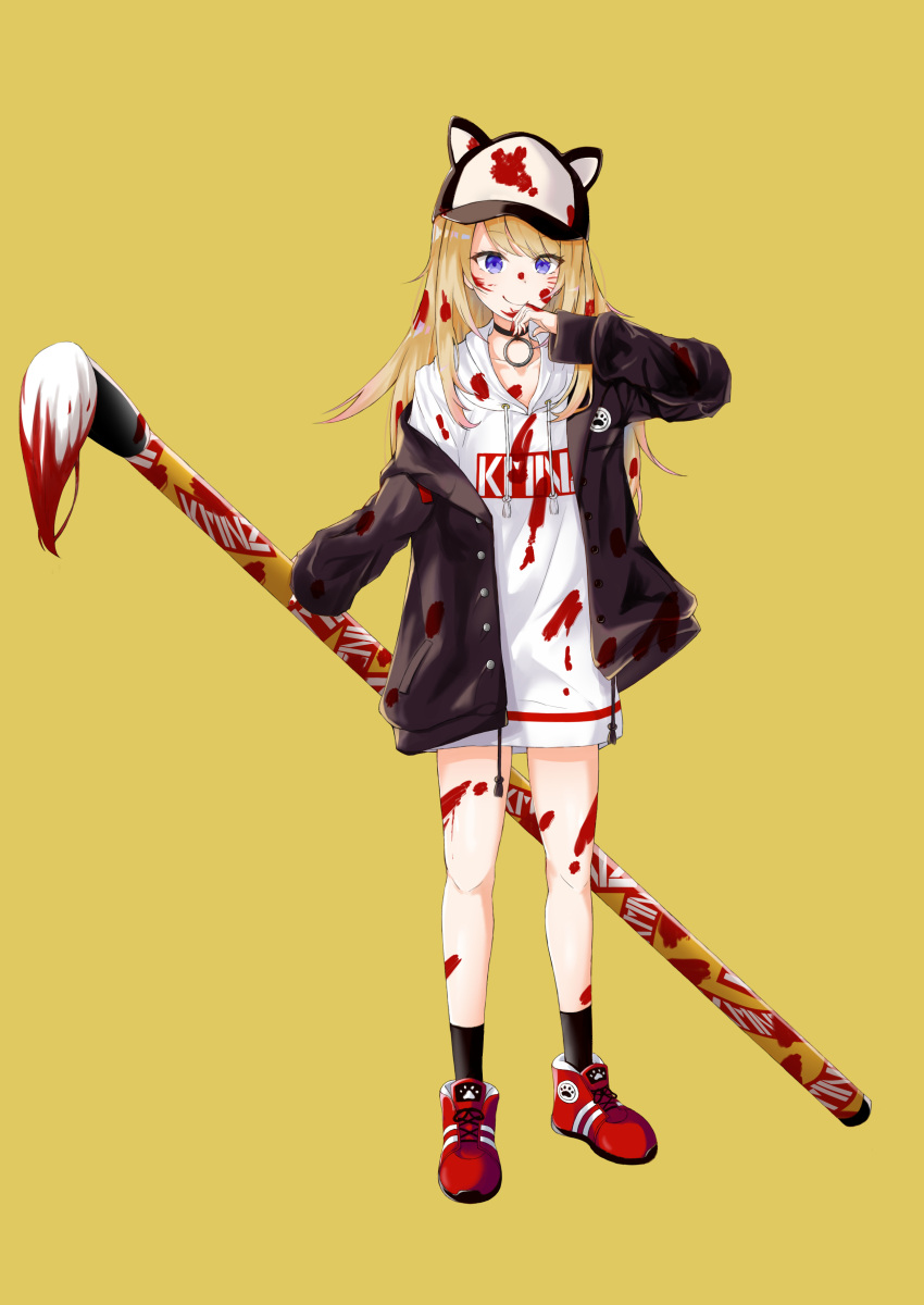 1girl absurdres bare_legs baseball_cap black_jacket blonde_hair blue_eyes collar fuji_dorokai full_body giant_brush hat hat_with_ears highres hood hoodie jacket kmnz long_hair mc_lita no_tail paint red_footwear shoes smile virtual_youtuber