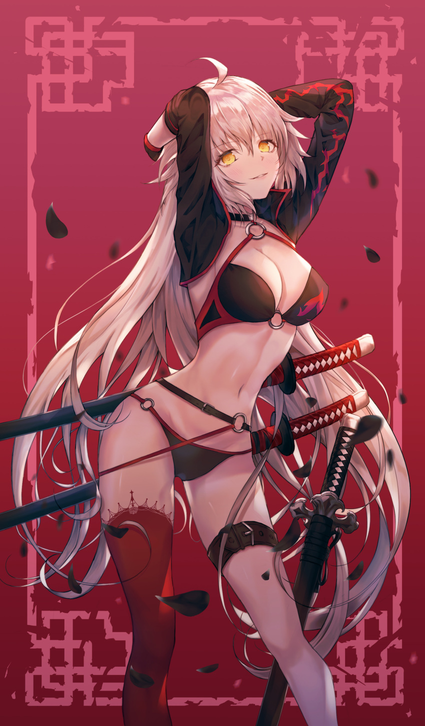 1girl absurdres ahoge bikini black_bikini black_jacket breasts choker cleavage commentary_request eyebrows_visible_through_hair fate/grand_order fate_(series) hair_between_eyes highres jacket jeanne_d'arc_(alter_swimsuit_berserker) jeanne_d'arc_(fate)_(all) large_breasts long_hair looking_at_viewer o-ring siete solo swimsuit yellow_eyes