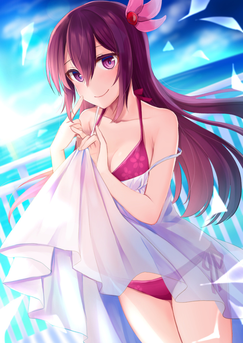 1girl absurdres alternate_costume bangs bikini blue_sky blurry blurry_background blush breasts cleavage closed_mouth clouds collarbone cowboy_shot crescent crescent_moon_pin day dress dress_lift hair_between_eyes hair_ornament highres kantai_collection kisaragi_(kantai_collection) lifted_by_self long_hair looking_at_viewer medium_breasts ocean outdoors pointing pointing_at_self purple_bikini purple_hair railing remodel_(kantai_collection) see-through side-tie_bikini sidelocks sky smile solo swimsuit thighs violet_eyes white_dress yunamaro