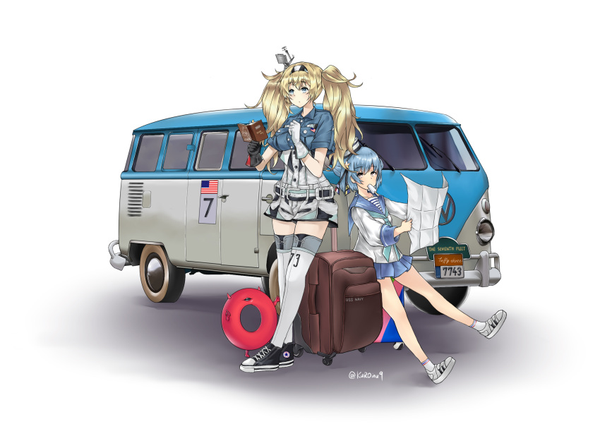 2girls american_flag aqua_neckwear aqua_skirt belt black_footwear black_ribbon blonde_hair blue_eyes blue_hair blue_sailor_collar blue_shirt breast_pocket breasts brown_eyes collared_shirt dixie_cup_hat double_bun enemy_lifebuoy_(kantai_collection) full_body gambier_bay_(kantai_collection) gloves ground_vehicle hairband hat hat_ribbon highres kantai_collection kuroinu9 large_breasts license_plate long_sleeves luggage military_hat miniskirt motor_vehicle multicolored multiple_girls neckerchief pleated_skirt pocket ribbon sailor_collar samuel_b._roberts_(kantai_collection) school_uniform serafuku shirt shoes short_hair shorts simple_background skirt sleeve_cuffs small_breasts sneakers thigh-highs twintails twitter_username van volkswagen volkswagen_type_2 white_background white_footwear white_hat white_legwear white_shirt