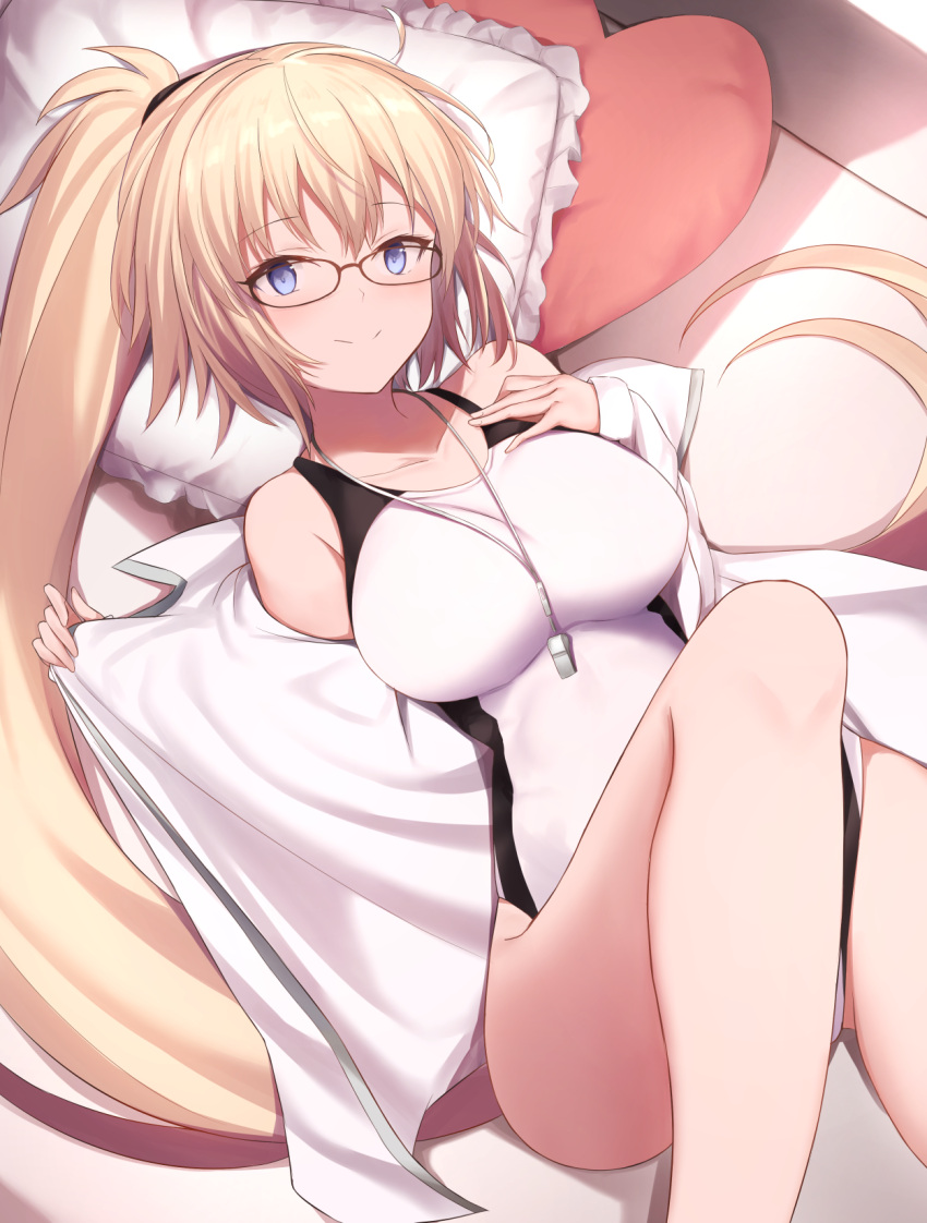 1girl bare_legs bare_shoulders barefoot bed bed_sheet bespectacled bikini blonde_hair blue_eyes breasts cleavage collarbone commentary_request competition_swimsuit eyebrows_visible_through_hair fate/grand_order fate_(series) glasses hair_between_eyes hairband hand_on_own_chest highres impossible_clothes jacket jeanne_d'arc_(fate) jeanne_d'arc_(fate)_(all) jeanne_d'arc_(swimsuit_archer) knees_up large_breasts long_hair looking_at_viewer lying maosame on_back on_bed one-piece_swimsuit open_clothes open_jacket ponytail smile solo swimsuit thighs very_long_hair white_jacket white_swimsuit
