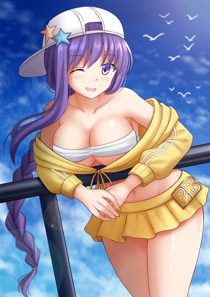 1girl bangs bare_shoulders baseball_cap bb_(fate)_(all) bb_(swimsuit_mooncancer)_(fate) bikini_top bird blue_sky blush braid breasts cleavage clouds cloudy_sky collarbone commentary day english_commentary eyebrows_visible_through_hair fang fate/grand_order fate_(series) grin hair_between_eyes hat highres jacket kazenokaze large_breasts leaning_forward long_hair navel off_shoulder one_eye_closed outdoors pleated_skirt purple_hair railing sideways_hat single_braid skirt sky smile solo star very_long_hair violet_eyes white_bikini_top white_hat yellow_jacket yellow_skirt