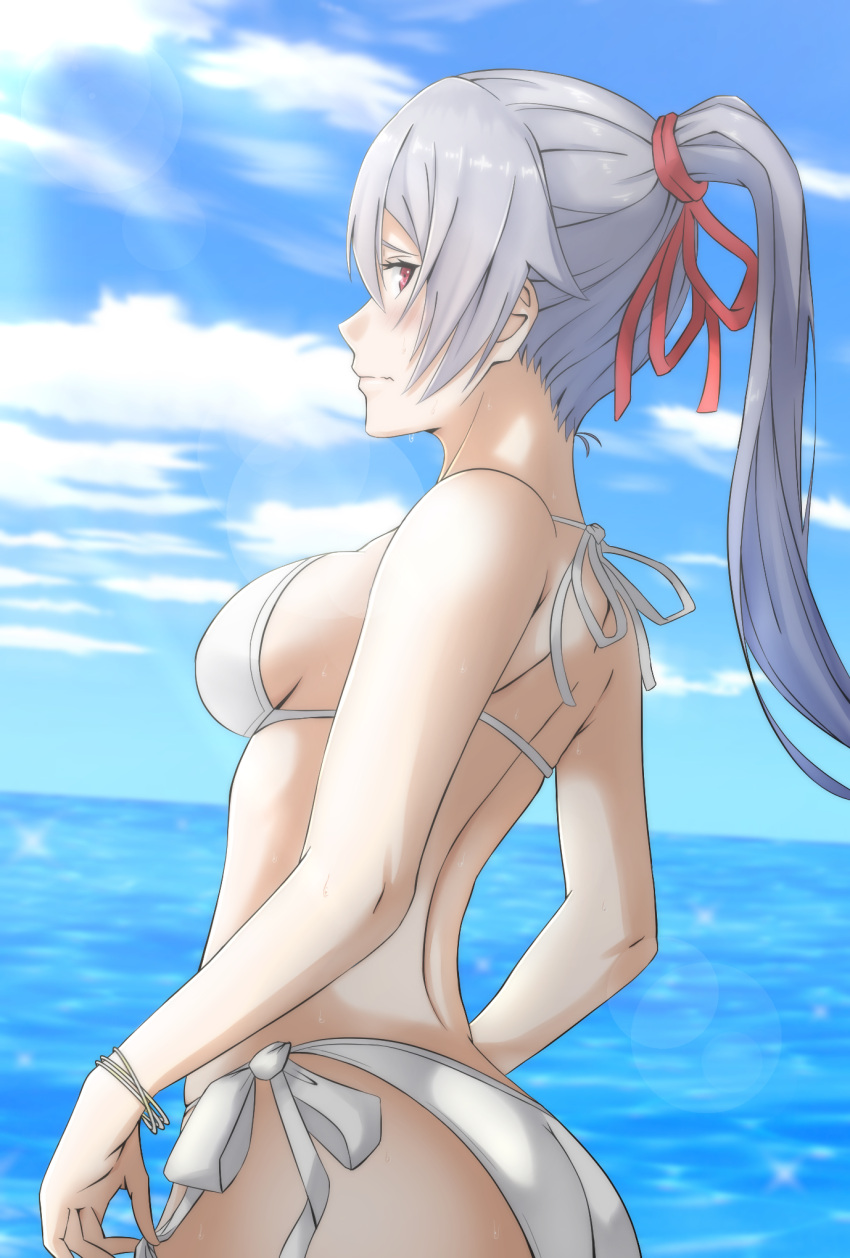 1girl ass back bikini blush bracelet breasts commentary_request embarrassed fate/grand_order fate_(series) hair_ribbon highres jewelry lens_flare long_hair looking_at_viewer looking_to_the_side mebi_(mebieru) ocean ponytail red_eyes red_ribbon ribbon side-tie_bikini sideboob silver_hair small_breasts solo sweat swimsuit tomoe_gozen_(fate/grand_order) untying wavy_mouth white_bikini