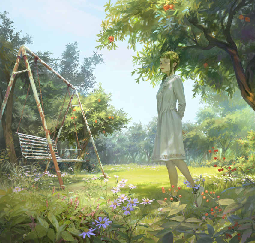 1girl arms_behind_back bangs berries commentary dress flower food fruit grass green_hair highres original parted_lips purple_flower rust sky solo swing tree tunapon01 walking white_dress