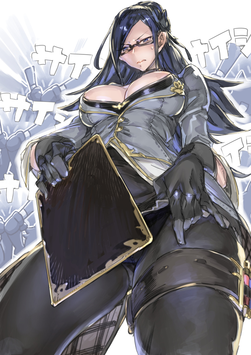 1girl absurdres black-framed_eyewear black_gloves black_hair breasts clipboard commentary_request from_below frown glasses gloves granblue_fantasy highres large_breasts long_hair looking_down priest_producer_(granblue_fantasy) solo sweatdrop thick_thighs thighs zunta