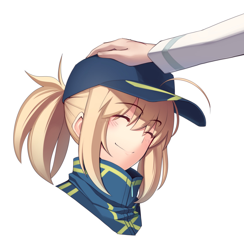1girl absurdres ahoge artoria_pendragon_(all) baseball_cap blue_hat blue_jacket blush boa_(brianoa) closed_eyes commentary_request eyebrows_visible_through_hair fate/grand_order fate_(series) fujimaru_ritsuka_(male) happy hat highres jacket long_sleeves mysterious_heroine_x petting ponytail smile solo_focus transparent_background