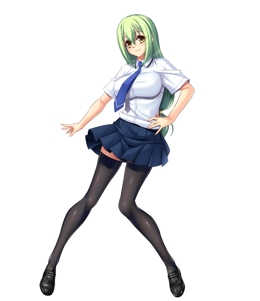 1girl absurdres aishuu_hebiko bangs black_footwear black_legwear blue_necktie blue_neckwear blue_skirt breasts closed_mouth collared_shirt eyebrows_visible_through_hair eyelashes female full_body green_hair hair_between_eyes hand_on_hip highres kagami_hirotaka large_breasts loafers long_hair looking_at_viewer low-tied_long_hair necktie official_art pleated_skirt shiny shiny_clothes shirt shoes short_sleeves sidelocks simple_background skirt smile solo taimanin_(series) taimanin_rpgx thigh-highs white_background white_shirt white_skirt yellow_eyes zettai_ryouiki