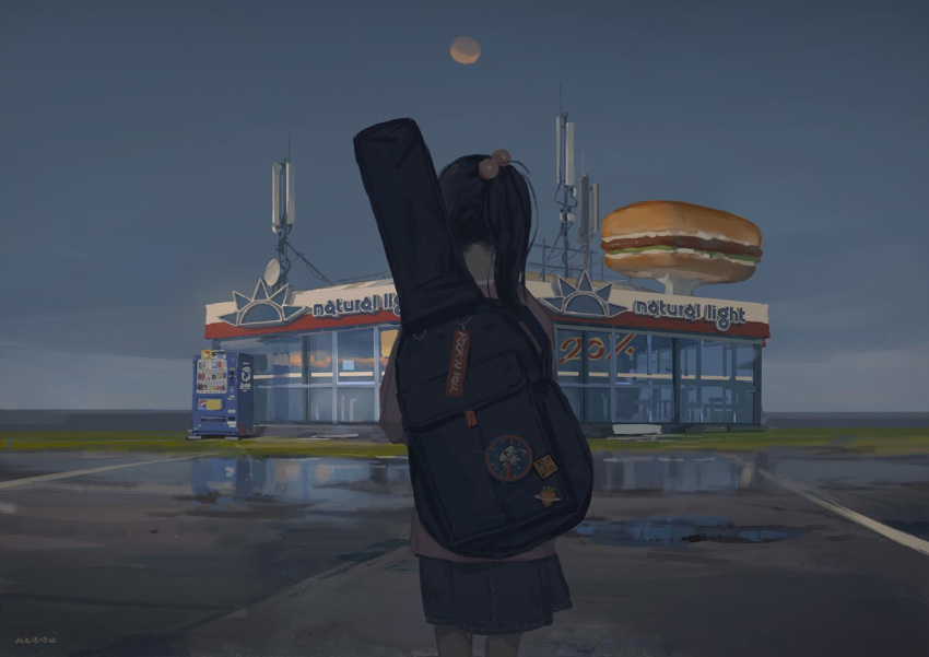 1girl black_hair blue_skirt blue_sky commentary_request facing_away fast_food from_behind guitar_case hair_bobbles hair_ornament hjl instrument_case moon one_side_up original outdoors pink_shirt scenery shirt signature skirt sky solo standing vending_machine