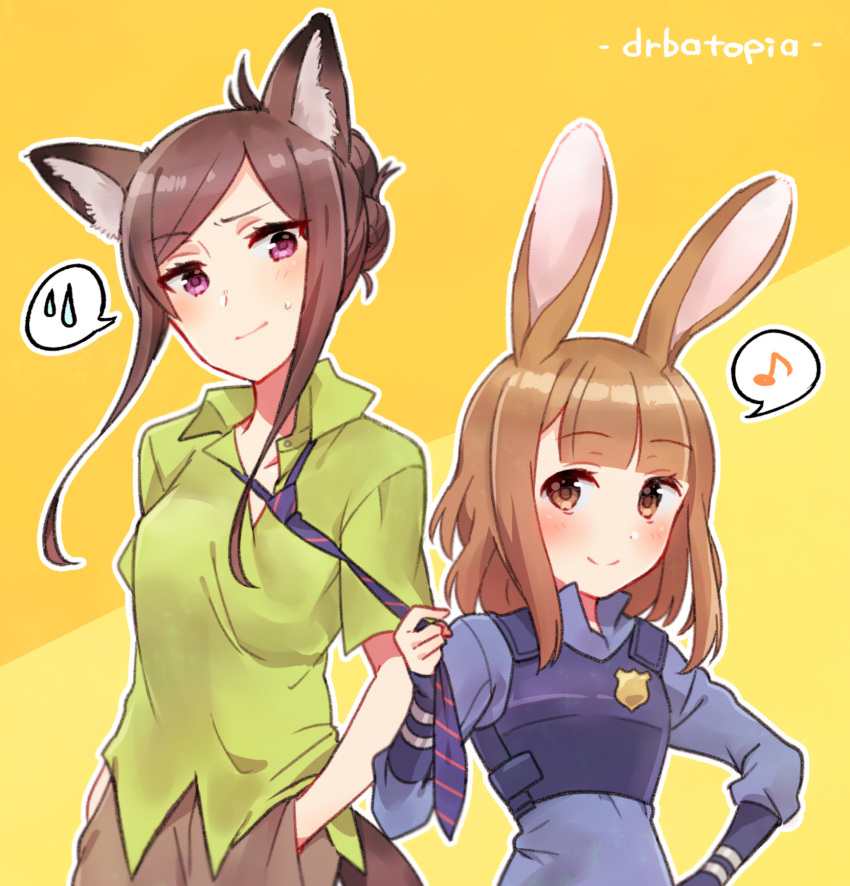 2girls animal_ears beatrice_(princess_principal) blue_shirt blush breasts brown_eyes brown_hair closed_mouth collared_shirt cosplay cosplay_request dorothy_(princess_principal) eighth_note green_shirt hand_in_pocket hand_on_hip head_tilt highres kemonomimi_mode long_hair long_sleeves multiple_girls musical_note necktie necktie_grab neckwear_grab orange_background police police_badge police_uniform policewoman princess_principal purple_neckwear shirt short_sleeves sleeves_past_wrists small_breasts smile sorimachi-doufu spoken_musical_note spoken_sweatdrop sweat sweatdrop uniform violet_eyes zootopia