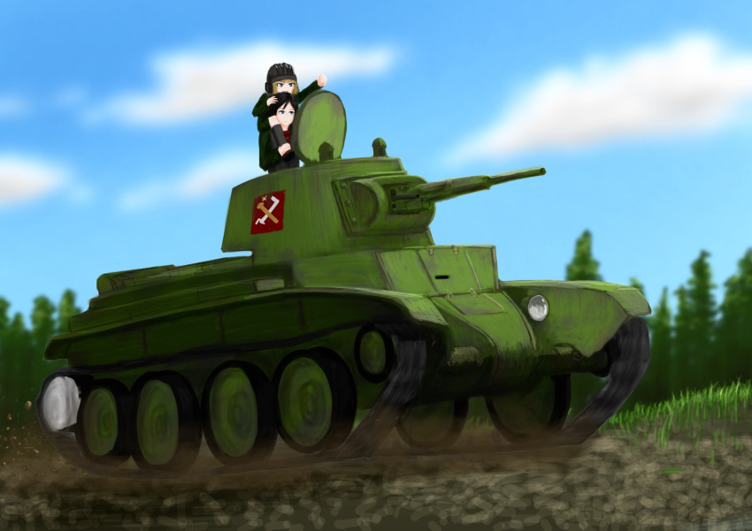 2girls 746kuchiku blue_eyes bt-7 carrying caterpillar_tracks clouds day emblem girls_und_panzer ground_vehicle highres katyusha military military_vehicle motor_vehicle multiple_girls nonna piggyback pravda_(emblem) pravda_military_uniform sky tank tree weapon