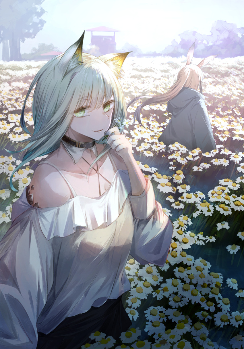 2girls amiya_(arknights) animal_ears arknights black_coat black_collar black_skirt blouse blue_nails breasts brown_hair cat_ears coat collar commentary cowboy_shot daisy day detached_collar english_commentary eyebrows_visible_through_hair field flower flower_field green_eyes grey_blouse hair_between_eyes highres holding holding_flower kal'tsit_(arknights) light_green_hair long_hair looking_at_viewer medium_hair miyabino_(miyabi1616) multiple_girls nail_polish oripathy_lesion_(arknights) outdoors parted_lips ponytail rabbit_ears skirt small_breasts smile solo_focus spaghetti_strap sunlight tree