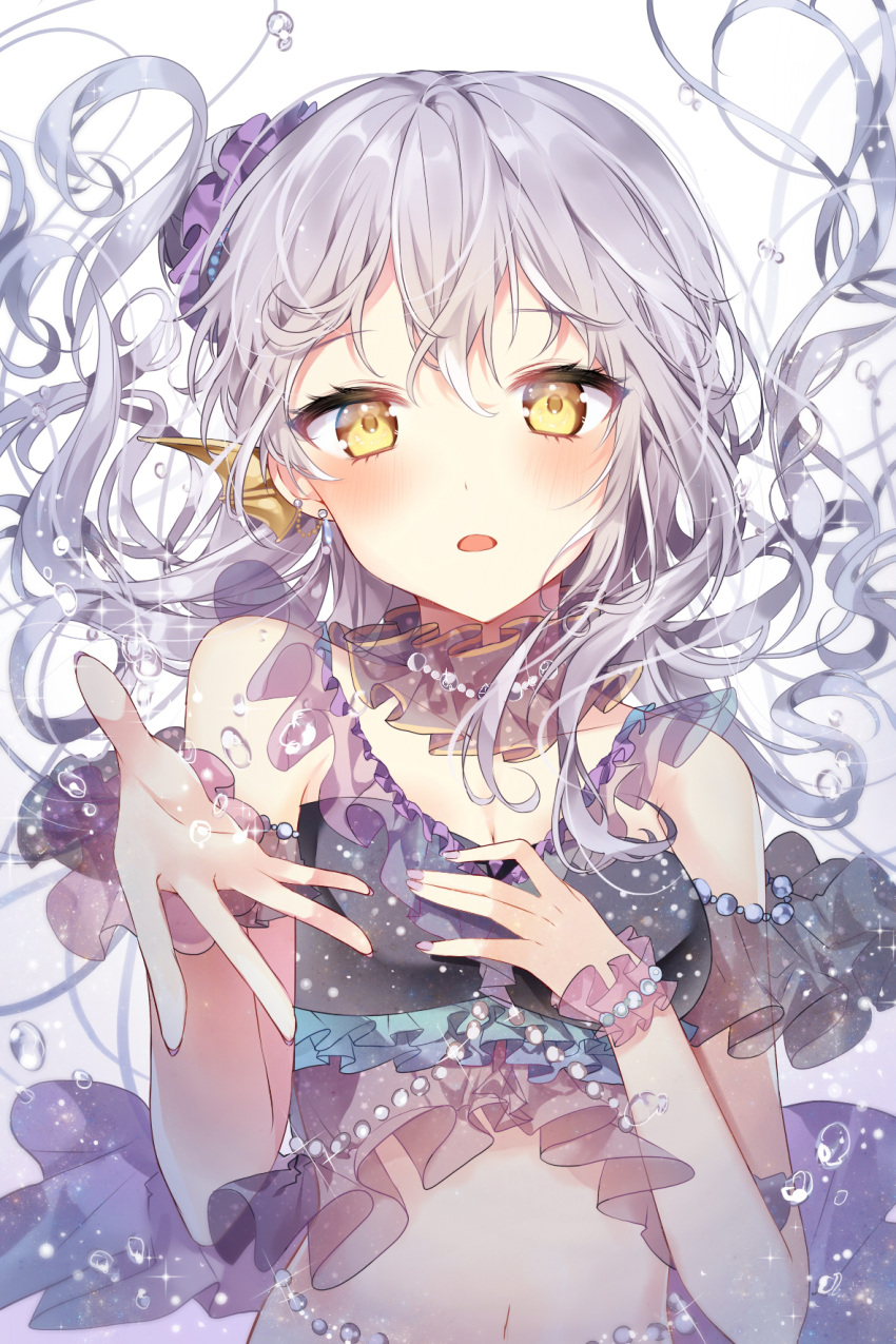 1girl air_bubble bang_dream! bangs blush bracelet bubble choker commentary_request earrings frilled_choker frills hair_ornament hair_scrunchie hand_on_own_chest head_fins highres jewelry lavendar_hair long_hair looking_at_viewer midriff minato_yukina nail_polish navel necklace open_mouth outstretched_hand purple_nails purple_scrunchie scrunchie side_bun solo sparkle taya_5323203 upper_body wristband yellow_eyes