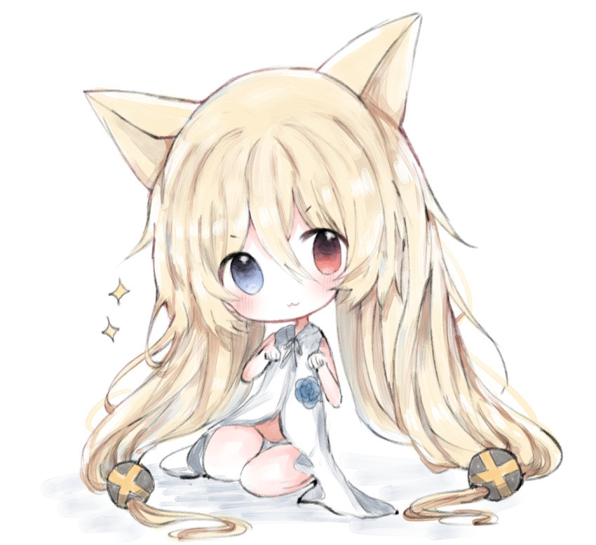 1girl :3 animal_ears bangs bare_arms bare_shoulders blonde_hair blue_flower blue_rose cat_ears chibi closed_mouth cottontailtokki dress eyebrows_visible_through_hair flower g41_(girls_frontline) girls_frontline hair_between_eyes hair_ornament hands_up head_tilt long_hair looking_at_viewer low-tied_long_hair panties paw_pose rose sleeveless sleeveless_dress solo sparkle underwear v-shaped_eyebrows very_long_hair white_background white_dress white_panties