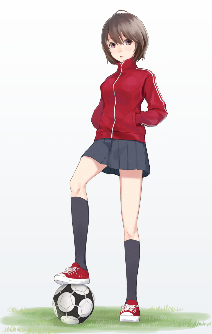 1girl absurdres ashiya_hiro ball bangs black_legwear blush breasts brown_hair commentary_request eyebrows_visible_through_hair full_body gradient gradient_background grey_background grey_skirt hair_between_eyes hands_in_pockets highres jacket kneehighs long_sleeves original parted_lips pleated_skirt red_eyes red_footwear red_jacket shoes short_hair skirt small_breasts sneakers soccer soccer_ball solo standing standing_on_one_leg track_jacket track_suit white_background