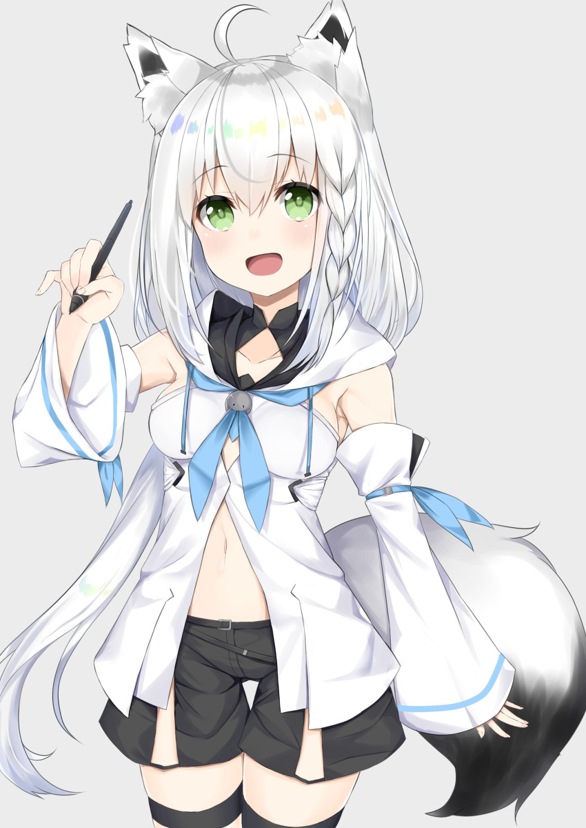 1girl :d absurdres ahoge animal_ears bangs black_shorts blush braid breasts commentary_request cowboy_shot detached_sleeves eyebrows_visible_through_hair fingernails fox_ears fox_girl fox_tail green_eyes grey_background hair_between_eyes hashiko_nowoto highres holding holding_stylus long_hair long_sleeves looking_at_viewer medium_breasts navel open_mouth original pinky_out shirt short_shorts shorts silver_hair sleeveless sleeveless_shirt sleeves_past_wrists smile solo stylus tail thigh_strap very_long_hair white_shirt wide_sleeves