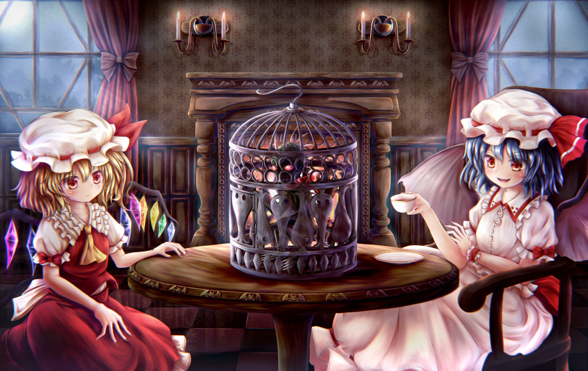 2girls ascot bat_wings blonde_hair blue_hair blush bow cage candle chair chupacabra crystal cup curtains eye_contact fang fireplace flandre_scarlet frilled_skirt frilled_sleeves frills hat hat_ribbon highres indoors kotatsu_(kotatu04) looking_at_another medium_hair mob_cap multiple_girls nail_polish puffy_short_sleeves puffy_sleeves red_bow red_eyes red_nails red_ribbon red_skirt remilia_scarlet ribbon saucer scrunchie shirt short_sleeves sitting skirt smile table tea teacup tile_floor tiles touhou white_shirt white_skirt window wings wrist_scrunchie yellow_neckwear