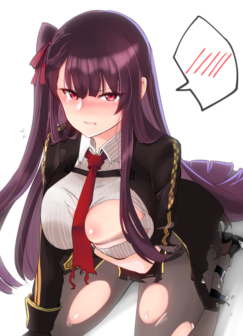 10eki_(tenchou) 1girl arm_under_breasts bangs black_footwear black_legwear black_skirt blazer blush breasts collared_shirt damaged embarrassed eyebrows_visible_through_hair flying_sweatdrops framed_breasts girls_frontline gloves hair_ribbon half_updo high-waist_skirt highres jacket kneeling large_breasts long_hair looking_at_viewer necktie one_side_up pantyhose parted_lips pelvic_curtain purple_hair red_eyes red_neckwear ribbon shirt shoes sidelocks simple_background skirt solo spoken_blush striped striped_shirt tearing_up torn_clothes very_long_hair wa2000_(girls_frontline) white_background white_shirt